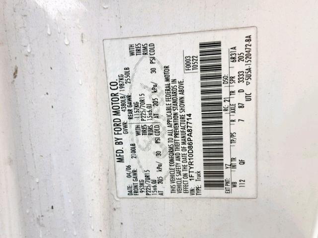 1FTYR10D86PA87714 - 2006 FORD RANGER WHITE photo 10