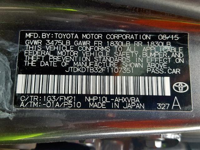 JTDKDTB32F1107351 - 2015 TOYOTA PRIUS C GRAY photo 10