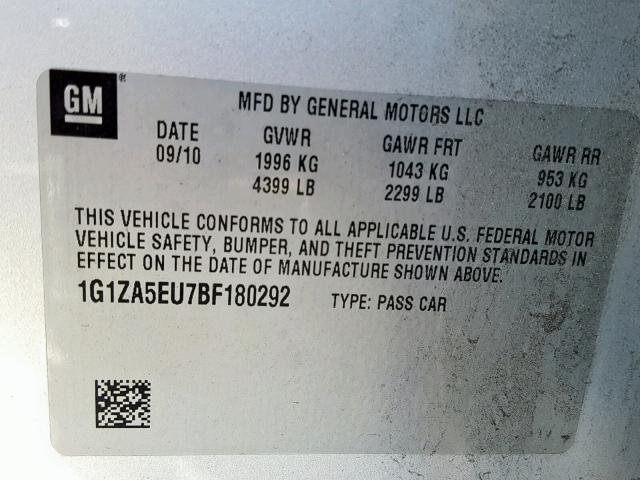 1G1ZA5EU7BF180292 - 2011 CHEVROLET MALIBU LS SILVER photo 10