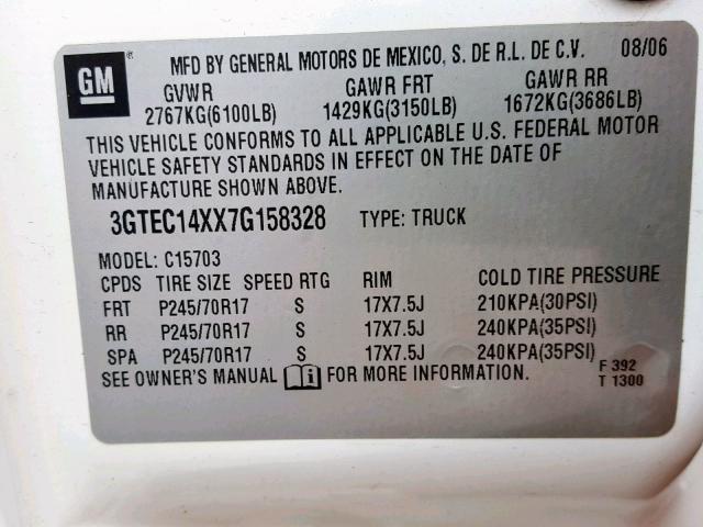 3GTEC14XX7G158328 - 2007 GMC NEW SIERRA WHITE photo 10