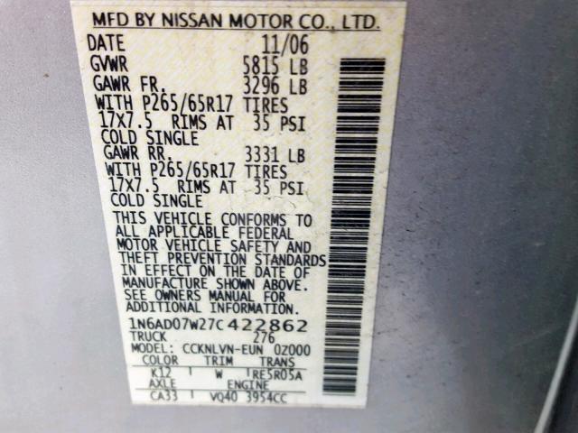 1N6AD07W27C422862 - 2007 NISSAN FRONTIER C SILVER photo 10