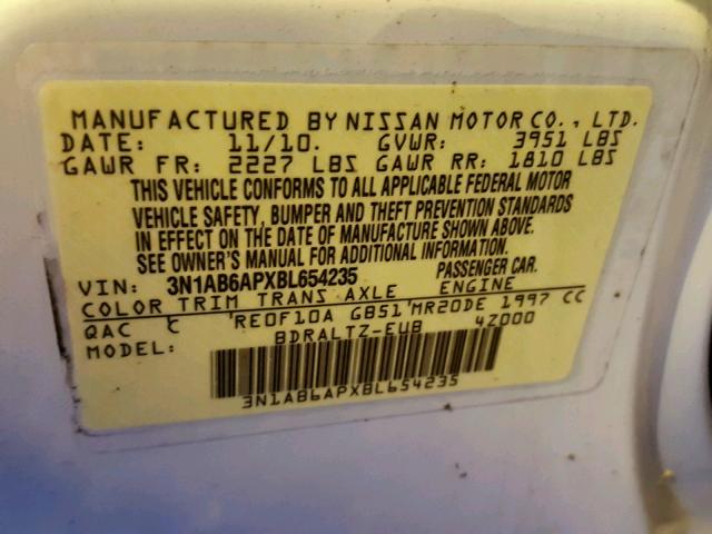 3N1AB6APXBL654235 - 2011 NISSAN SENTRA 2.0 WHITE photo 10