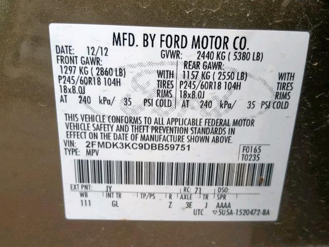 2FMDK3KC9DBB59751 - 2013 FORD EDGE LIMIT GREEN photo 10