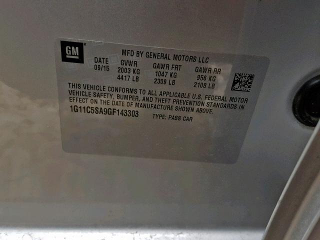 1G11C5SA9GF143303 - 2016 CHEVROLET MALIBU LIM SILVER photo 10