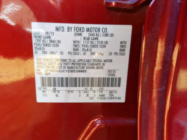 2FMDK3JC1DBE09985 - 2013 FORD EDGE SEL RED photo 10