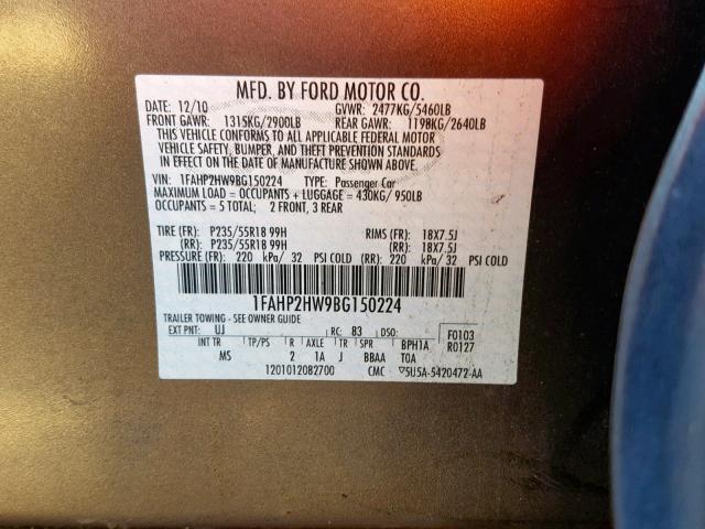 1FAHP2HW9BG150224 - 2011 FORD TAURUS SEL GRAY photo 10