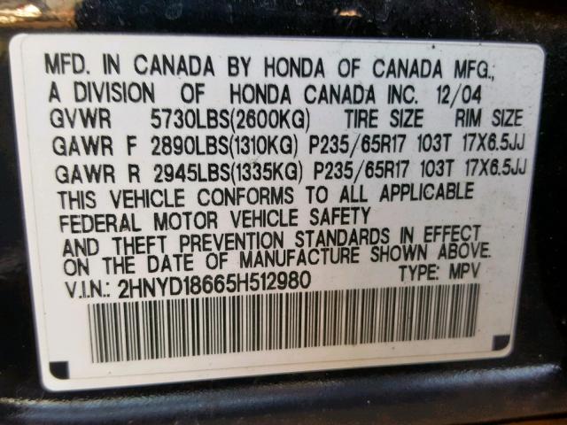 2HNYD18665H512980 - 2005 ACURA MDX TOURIN BLACK photo 10