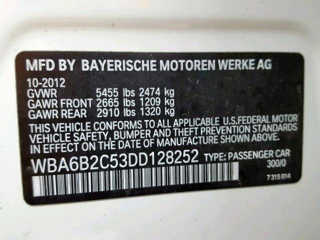 WBA6B2C53DD128252 - 2013 BMW 650 I WHITE photo 10