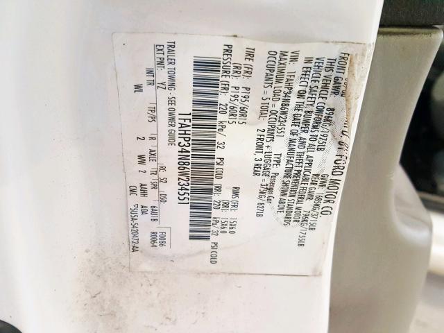 1FAHP34N86W234551 - 2006 FORD FOCUS ZX4 WHITE photo 10