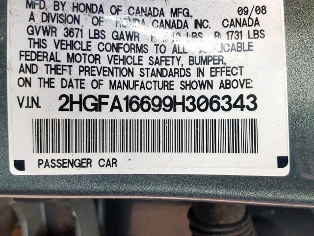 2HGFA16699H306343 - 2009 HONDA CIVIC LX-S GRAY photo 10