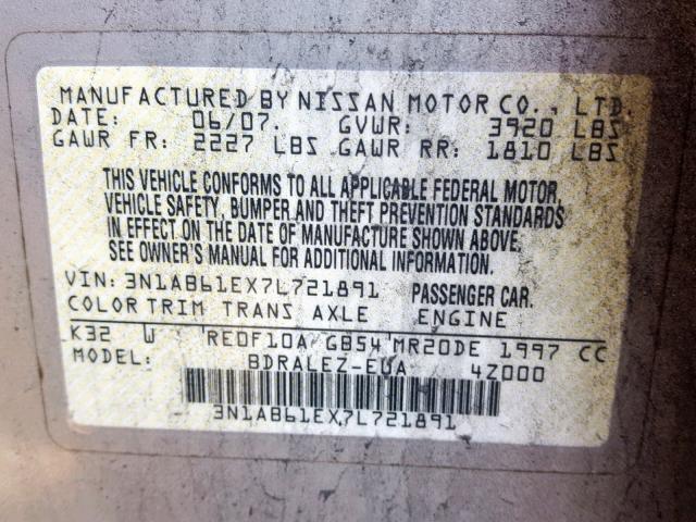 3N1AB61EX7L721891 - 2007 NISSAN SENTRA 2.0 CREAM photo 10