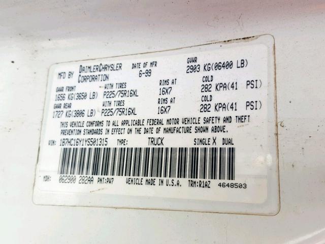 1B7HC16Y1YS501315 - 2000 DODGE RAM 1500 თეთრი ფოტო 10