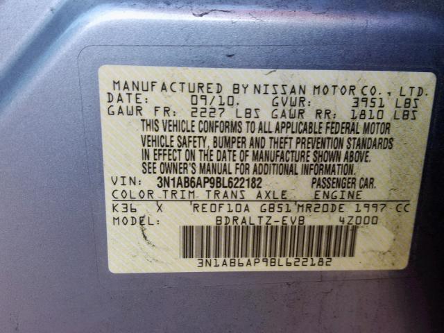 3N1AB6AP9BL622182 - 2011 NISSAN SENTRA 2.0 GRAY photo 10