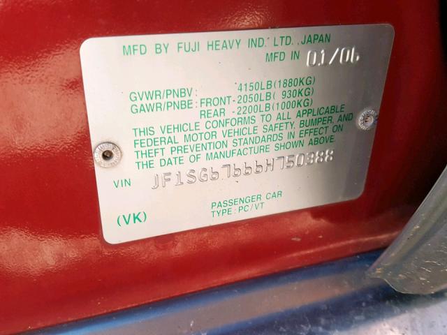 JF1SG67666H750388 - 2006 SUBARU FORESTER 2 RED photo 10