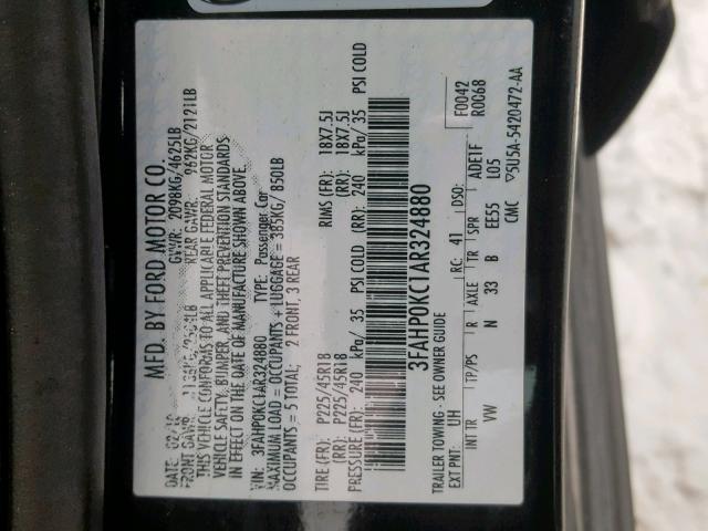 3FAHP0KC1AR324880 - 2010 FORD FUSION SPO BLACK photo 10