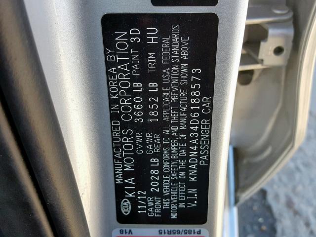 KNADN4A34D6188573 - 2013 KIA RIO EX SILVER photo 10