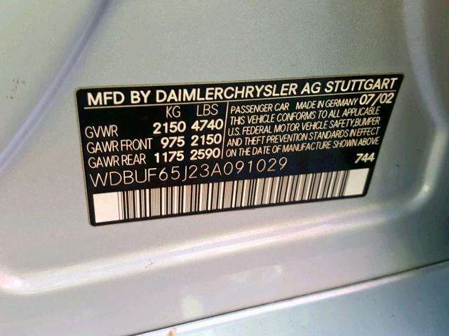 WDBUF65J23A091029 - 2003 MERCEDES-BENZ E 320 SILVER photo 10