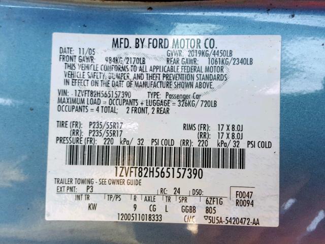 1ZVFT82H565157390 - 2006 FORD MUSTANG GT BLUE photo 10