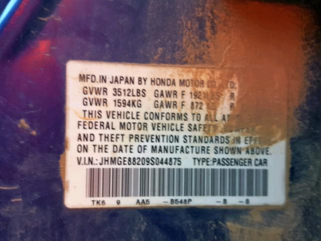 JHMGE88209S044875 - 2009 HONDA FIT BLUE photo 10