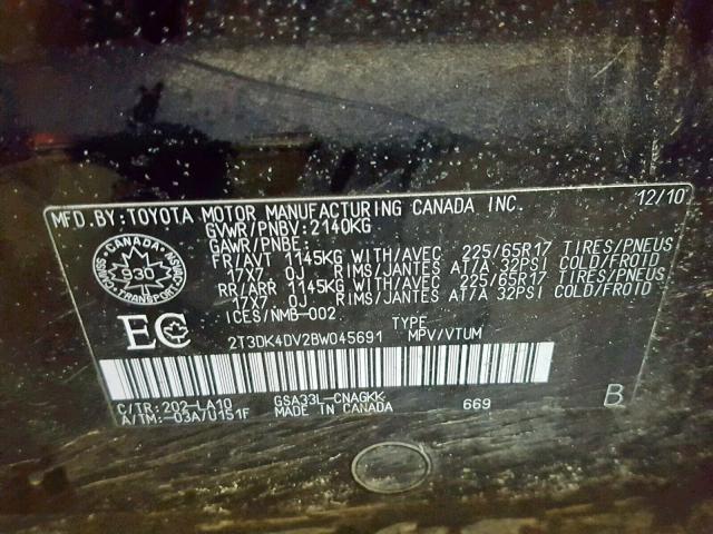 2T3DK4DV2BW045691 - 2011 TOYOTA RAV4 LIMIT BLACK photo 10