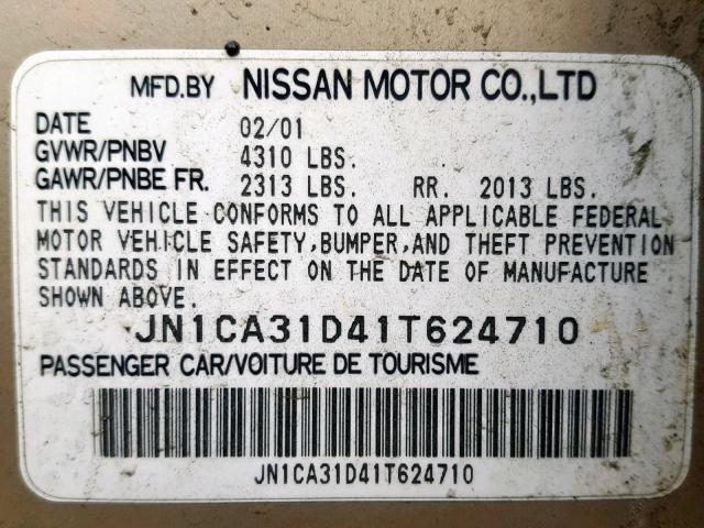 JN1CA31D41T624710 - 2001 NISSAN MAXIMA GXE GOLD photo 10