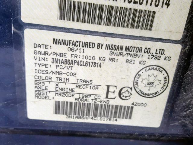 3N1AB6AP4CL617814 - 2012 NISSAN SENTRA 2.0 BLUE photo 10