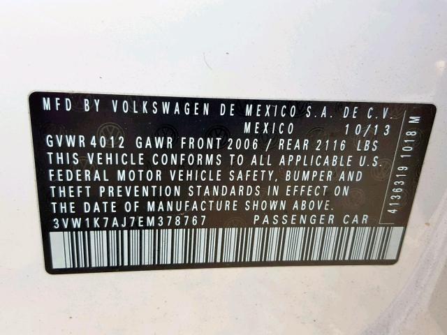 3VW1K7AJ7EM378767 - 2014 VOLKSWAGEN JETTA BASE WHITE photo 10