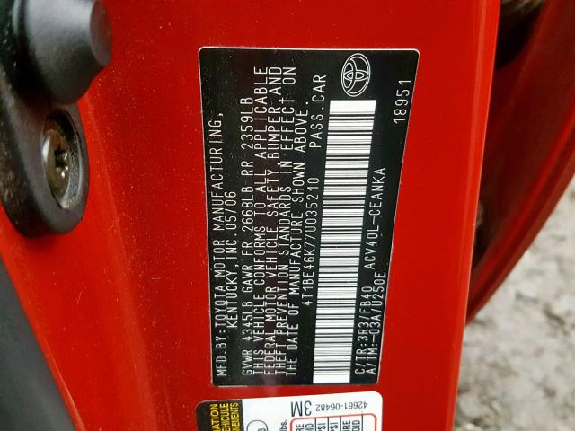 4T1BE46K77U035210 - 2007 TOYOTA CAMRY NEW RED photo 10