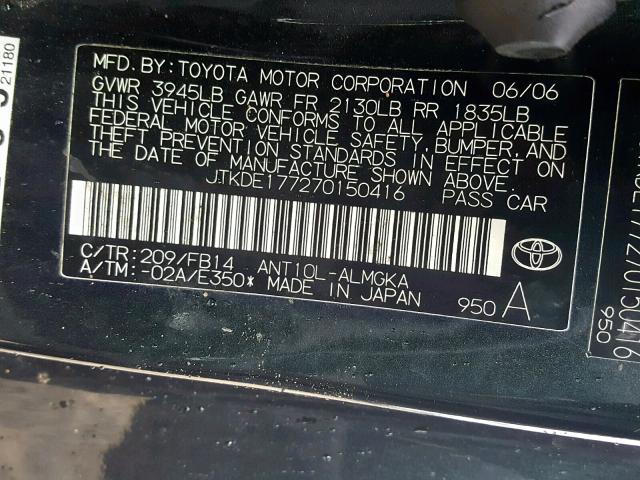 JTKDE177270150416 - 2007 TOYOTA SCION TC შავი ფოტო 10