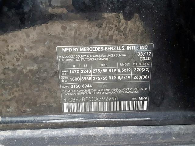 4JGBF7BE0CA792296 - 2012 MERCEDES-BENZ GL 450 4MA BLACK photo 10