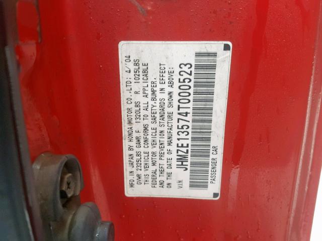 JHMZE13574T000523 - 2004 HONDA INSIGHT RED photo 10