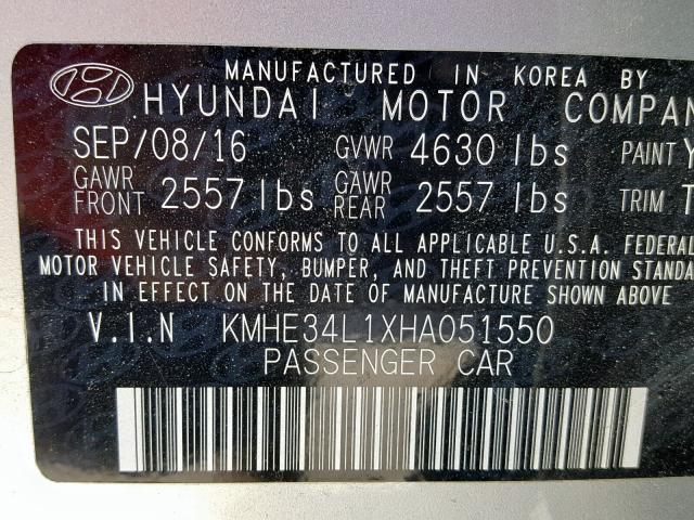 KMHE34L1XHA051550 - 2017 HYUNDAI SONATA HYB SILVER photo 10