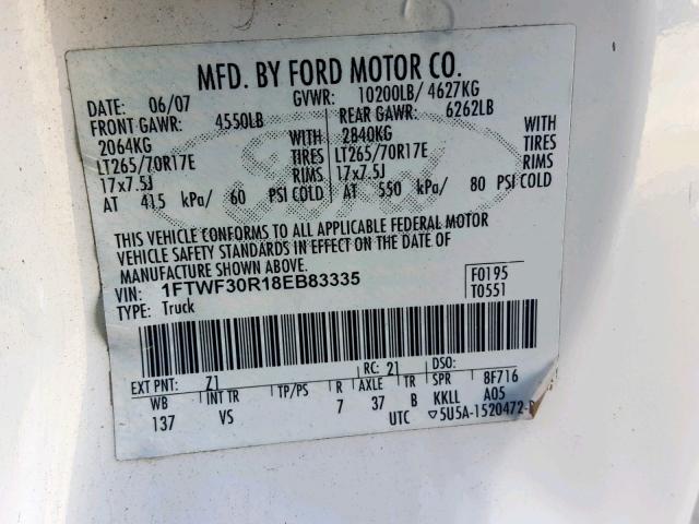 1FTWF30R18EB83335 - 2008 FORD F350 SRW S WHITE photo 10