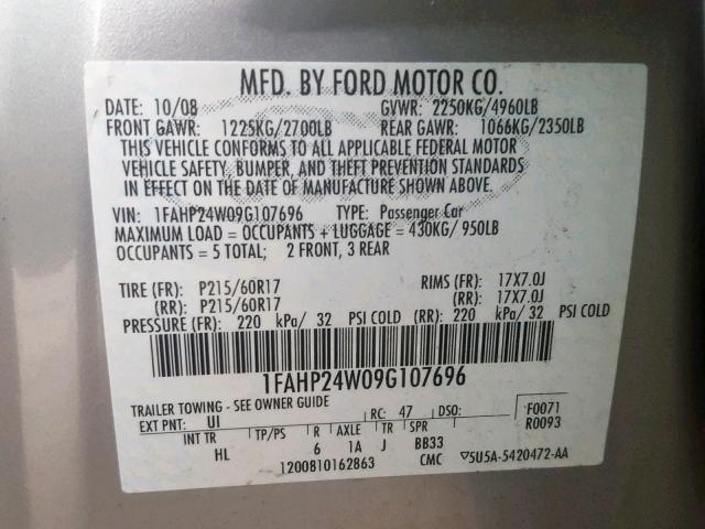 1FAHP24W09G107696 - 2009 FORD TAURUS SEL SILVER photo 10