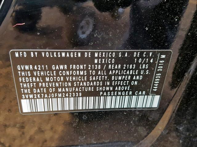 3VW2K7AJ0FM242339 - 2015 VOLKSWAGEN JETTA BASE 黑色 照片 10