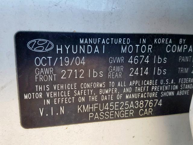 KMHFU45E25A387674 - 2005 HYUNDAI XG 350 WHITE photo 10