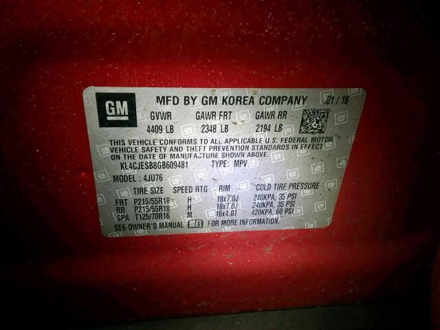 KL4CJESB8GB609481 - 2016 BUICK ENCORE RED photo 10