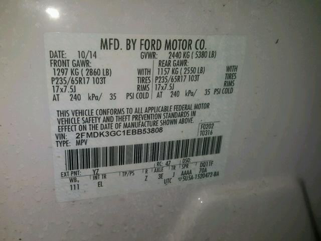 2FMDK3GC1EBB53808 - 2014 FORD EDGE SE WHITE photo 10