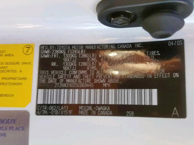 2T2HA31U25C069445 - 2005 LEXUS RX 330 WHITE photo 10