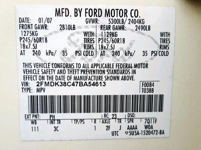 2FMDK38C47BA54613 - 2007 FORD EDGE SEL CREAM photo 10