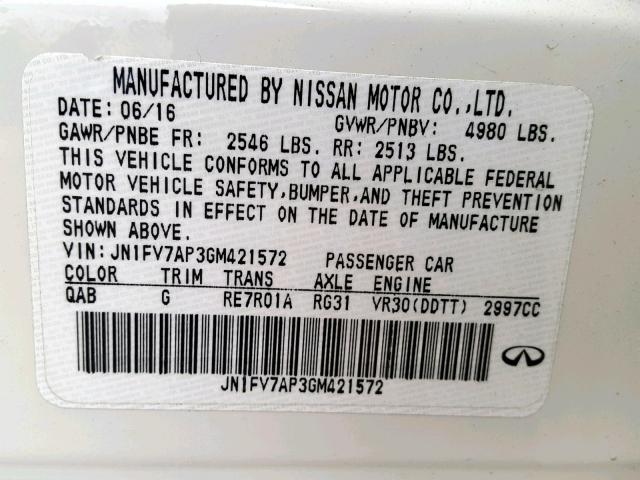 JN1FV7AP3GM421572 - 2016 INFINITI Q50 RED SP WHITE photo 10