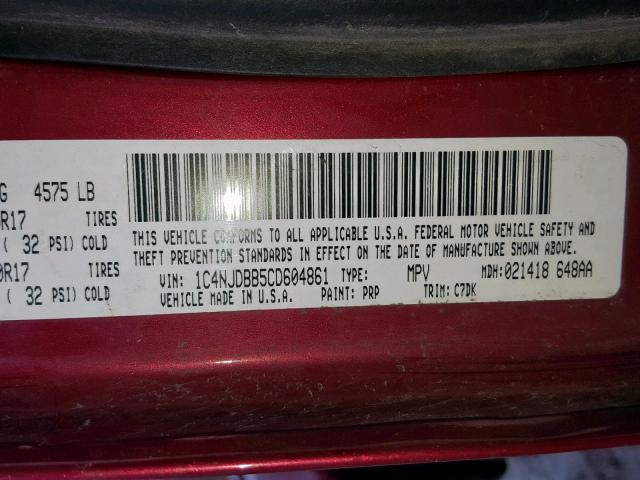 1C4NJDBB5CD604861 - 2012 JEEP COMPASS SP წითელი ფოტო 10