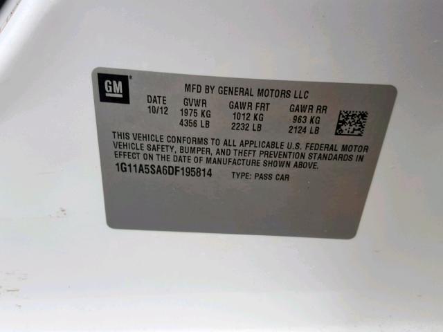 1G11A5SA6DF195814 - 2013 CHEVROLET MALIBU LS WHITE photo 10