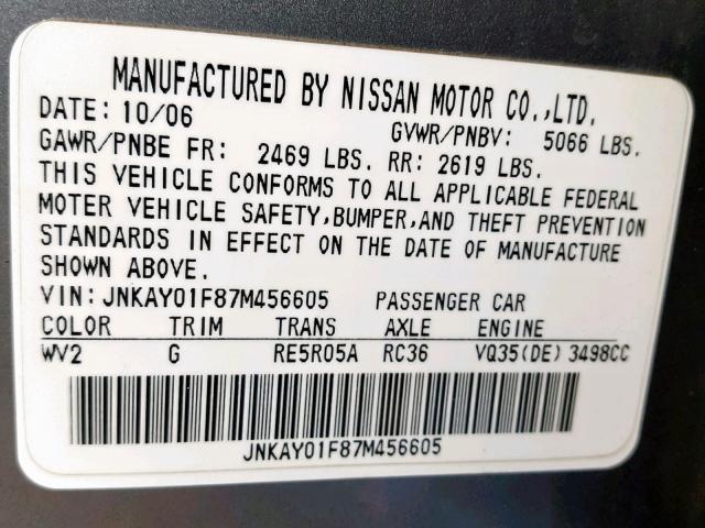 JNKAY01F87M456605 - 2007 INFINITI M35 BASE SILVER photo 10