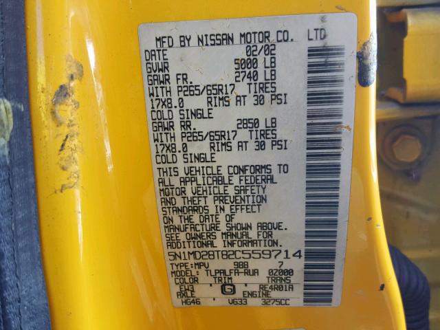 5N1MD28T82C559714 - 2002 NISSAN XTERRA SE YELLOW photo 10