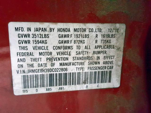 JHMGE8H39DC022806 - 2013 HONDA FIT RED photo 10