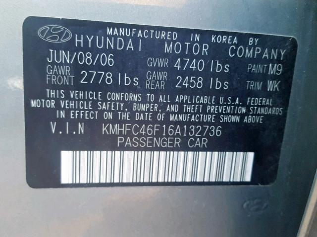 KMHFC46F16A132736 - 2006 HYUNDAI AZERA SE GRAY photo 10