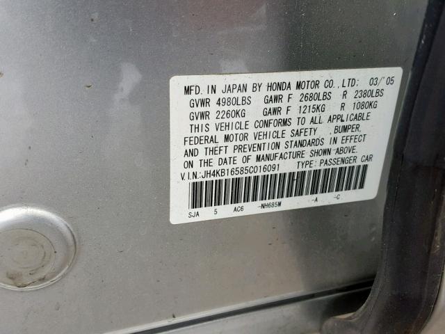 JH4KB16585C016091 - 2005 ACURA RL SILVER photo 10