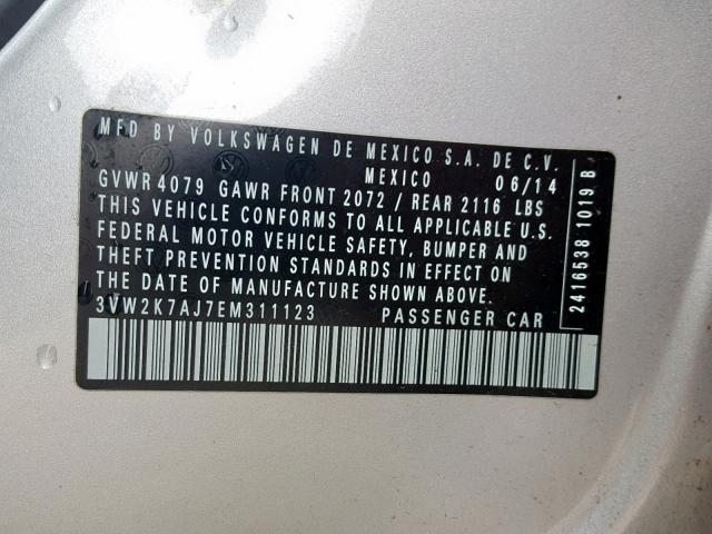 3VW2K7AJ7EM311123 - 2014 VOLKSWAGEN JETTA BASE SILVER photo 10