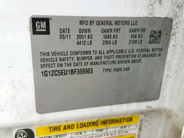 1G1ZC5EU1BF368963 - 2011 CHEVROLET MALIBU 1LT WHITE photo 10